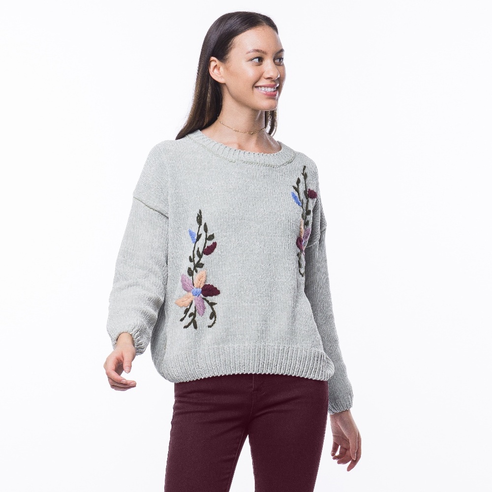 Sage Double Floral Embroidered Chenille Sweater